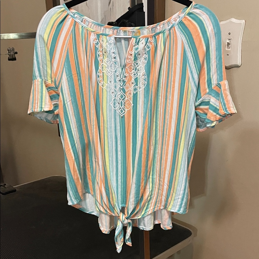 Ruby Rd. Multi-Stripe Tie-Front Blouse in Teal, Coral & Yellow